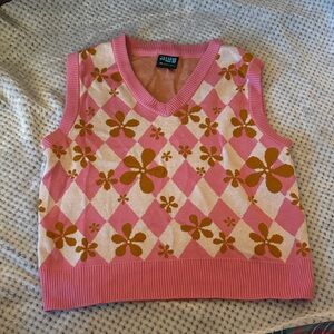 Bluenotes Pink and Gold Floral Argyle Sweater Vest